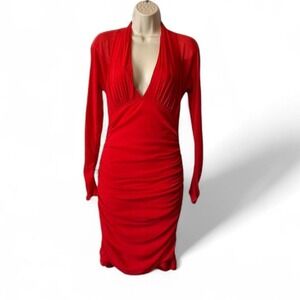 By‎ Anthropologie Red V Neck Mesh Ruched Mini Dress